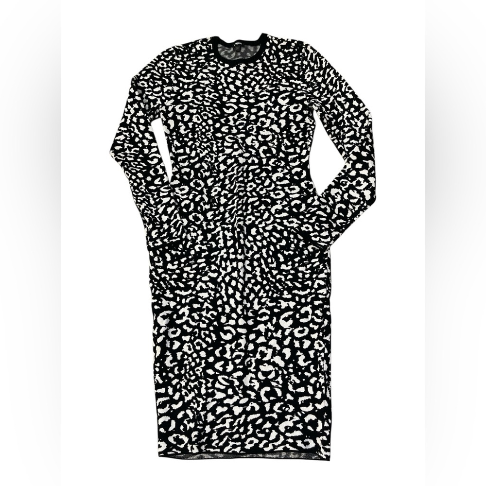 Express blk white leopard animal print long sleeve Body contour sweater dress